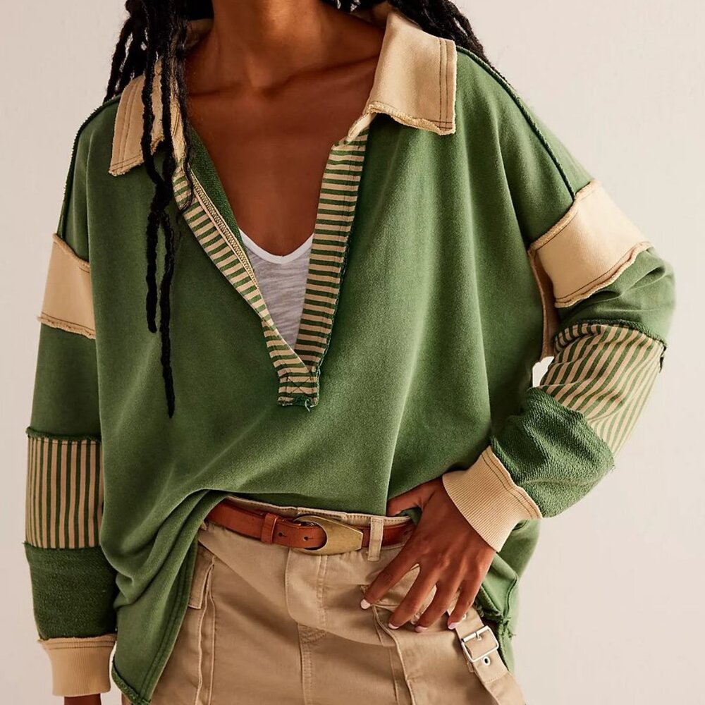 Free People We The Free Clean Prep Polo Oversized Green/Tan Size XS NWOT